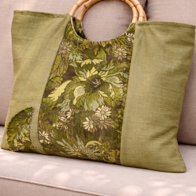 Borsa OLGA in Tessuto Artigianale verde con Manici in Bamboo