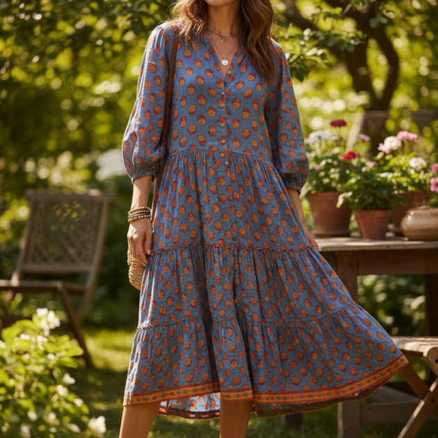 Abito lungo in cotone SUMITRA block print mattone con balze e bottoncini. Femminile, versatile e perfetto per ogni occasione. Scoprilo ora.