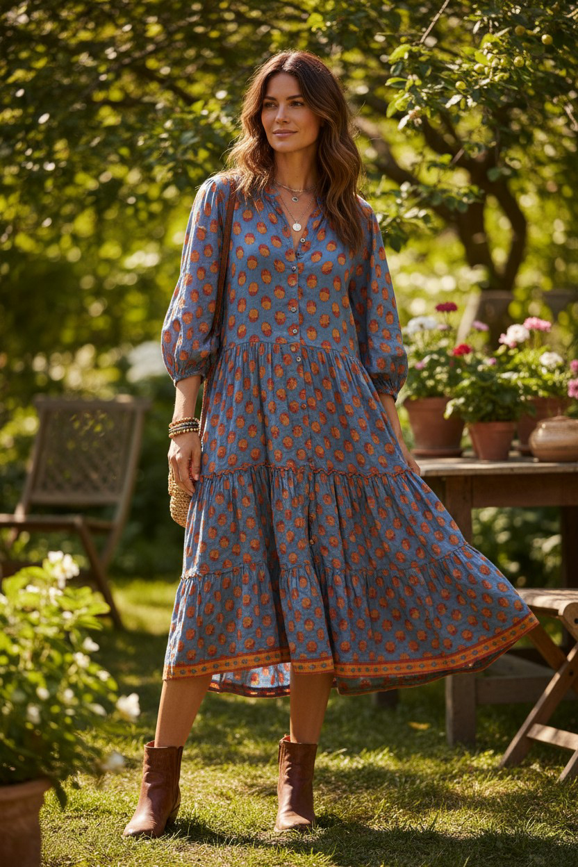 Abito lungo in cotone SUMITRA block print mattone con balze e bottoncini. Femminile, versatile e perfetto per ogni occasione. Scoprilo ora.
