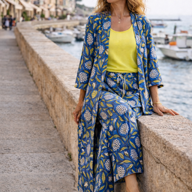 Completo MAJEDA pantaloni Palazzo + Kimono Cotone Block Print | Boho Chic