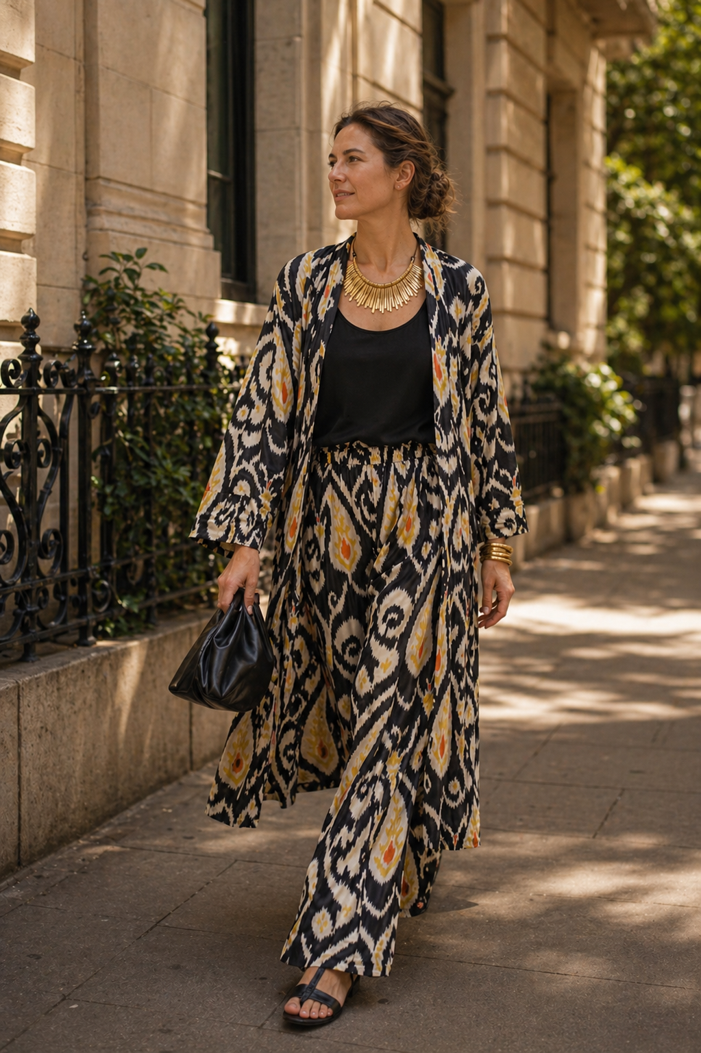 Completo in cotone block print nero con motivi etnici – pantalone palazzo e kimono coordinato Majeda