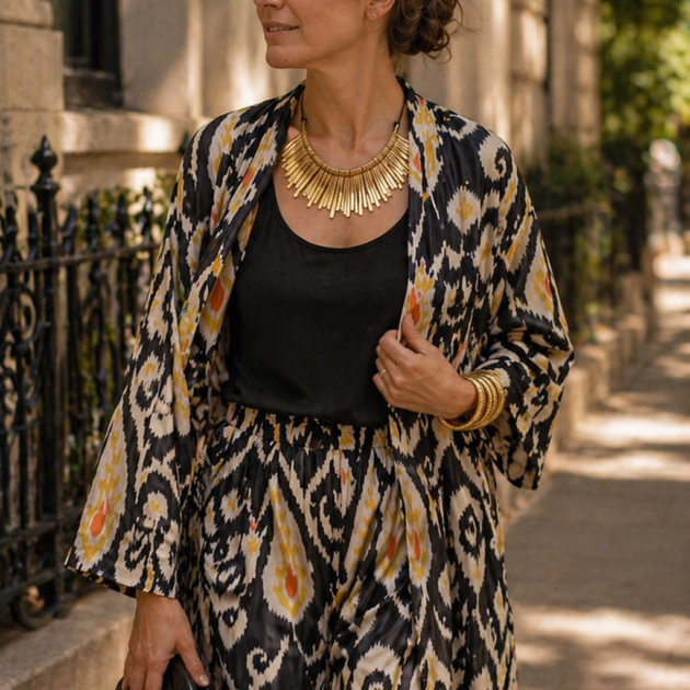 Completo in cotone block print nero con motivi etnici – pantalone palazzo e kimono coordinato Majeda