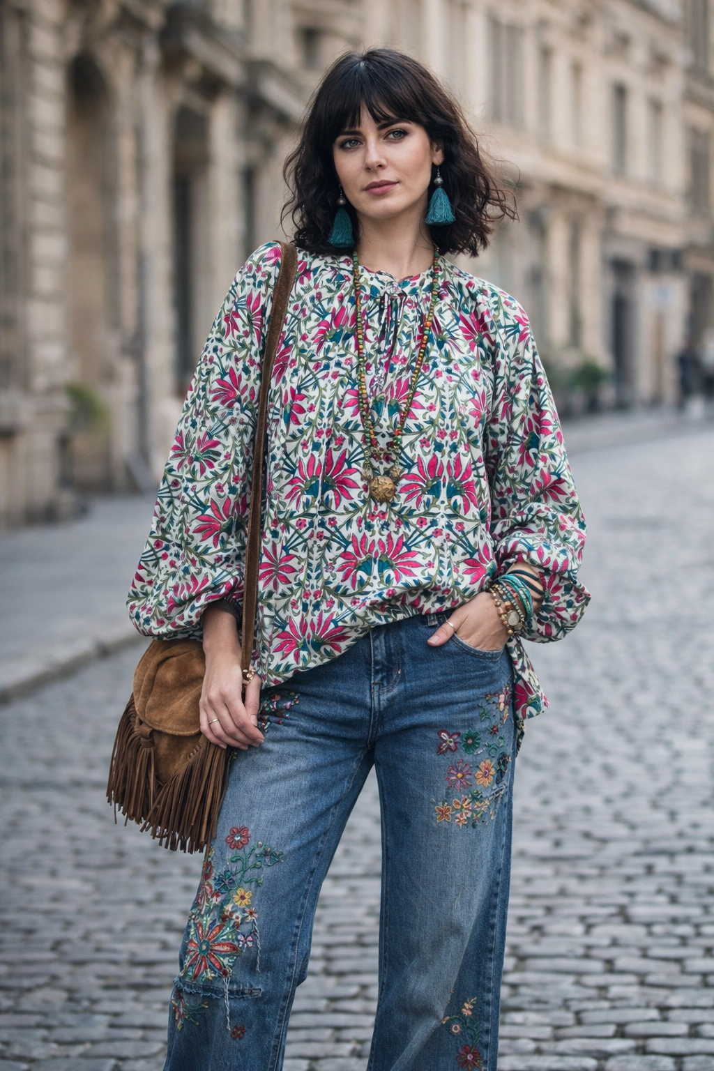 Camicia in Cotone NISHA base bianca Block Print Boho Chic