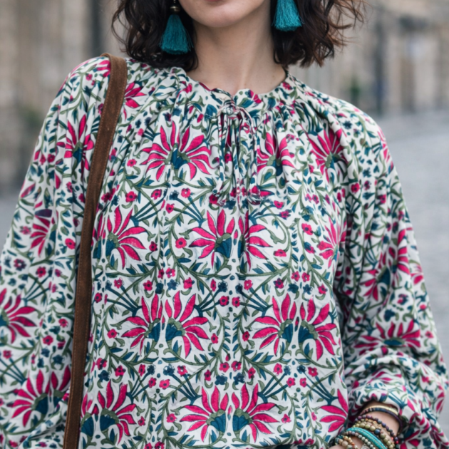 Camicia Boho in Cotone Naturale Stampata a Mano fondo bianco – NISHA
