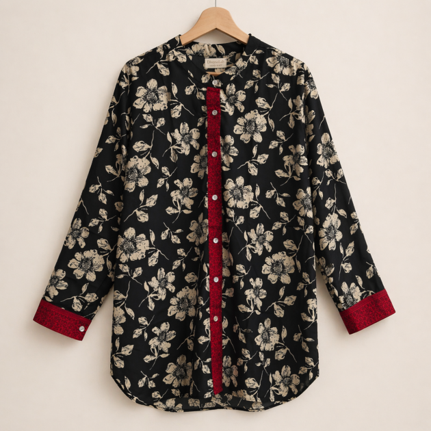 Camicia SANTOSH in Crepe Nera Disegni Floreali