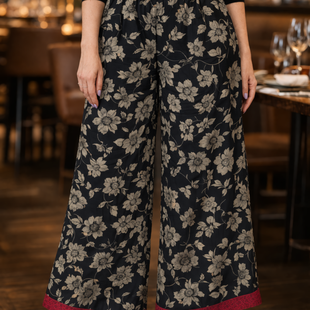 Pantalone a palazzo SANTOSH in crepe nero con fantasia fiori beige - Boho Chic