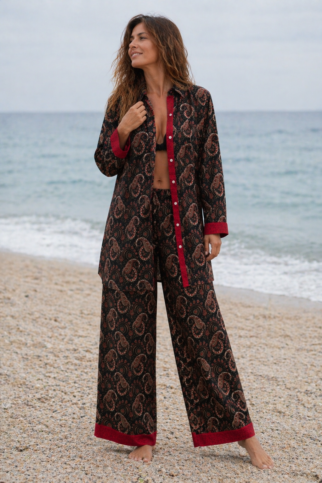 Camicia SANTOSH in Crepe Nera con Fantasia Cachemire