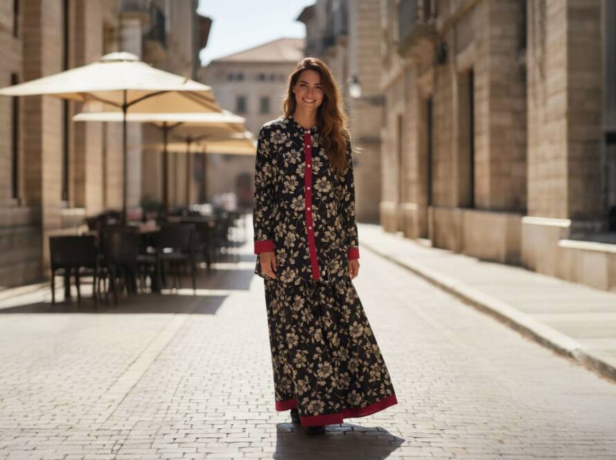 Pantalone a palazzo SANTOSH in crepe nero con fantasia fiori beige - Boho Chic