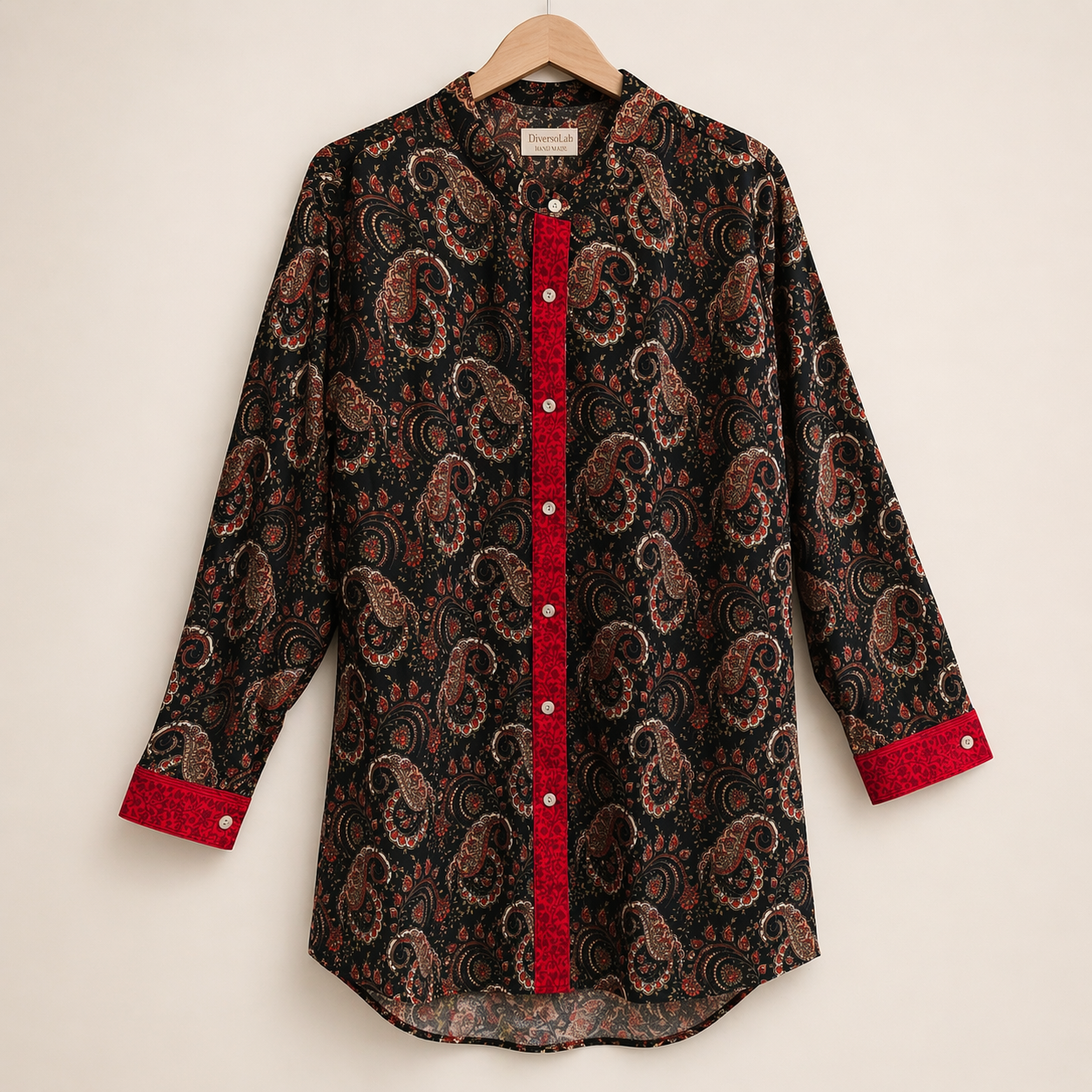 Camicia SANTOSH in Crepe Nera con Fantasia Cachemire