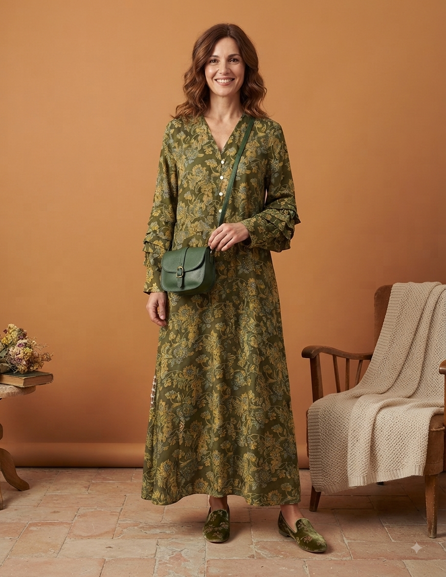 Abito lungo in crepe di seta verde con fantasia floreale oro – Soraya - immagine 4
