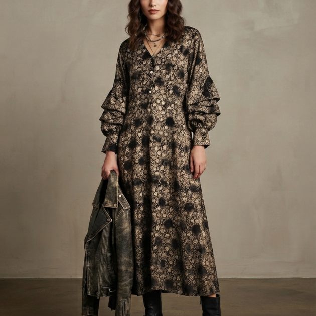 Abito lungo in crepe di seta nero con fantasia floreale beige – Soraya
