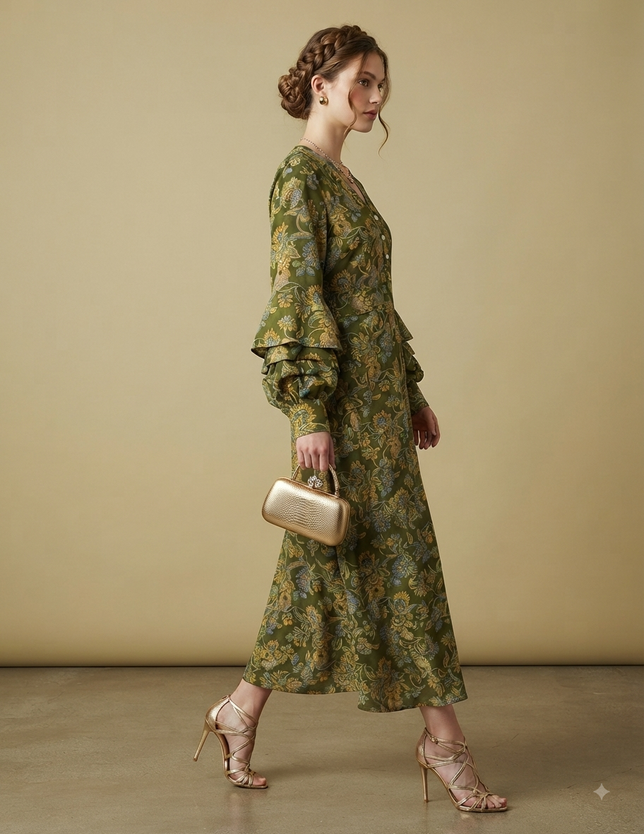Abito lungo in crepe di seta verde con fantasia floreale oro – Soraya