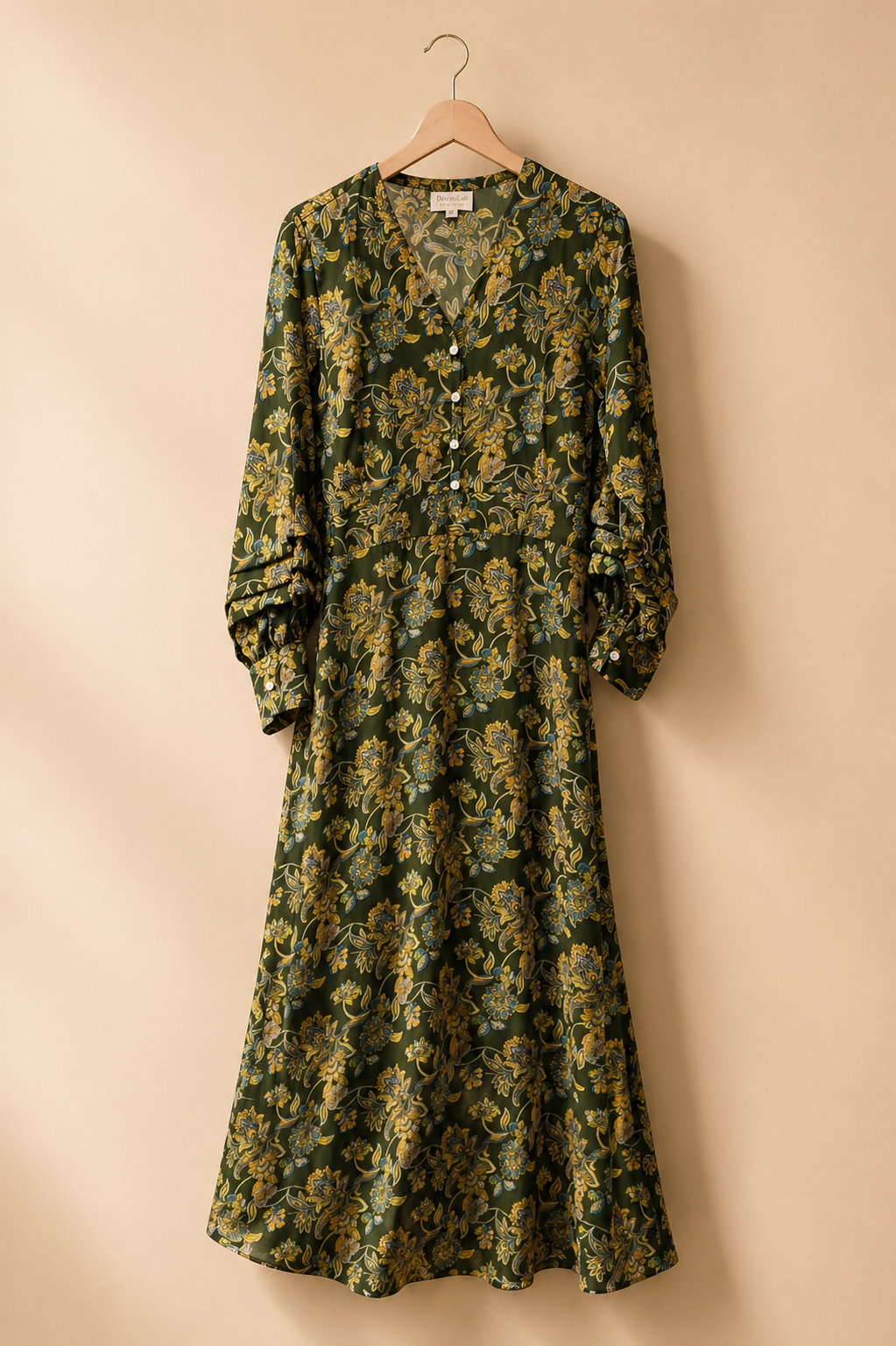 Abito lungo in crepe di seta verde con fantasia floreale oro – Soraya