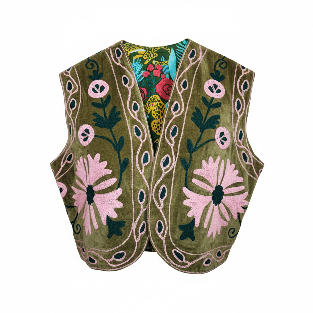 Gilet INEZ Suzani Verde Rosa in Velluto Ricamato – Gilet Boho Chic Donna - immagine 2