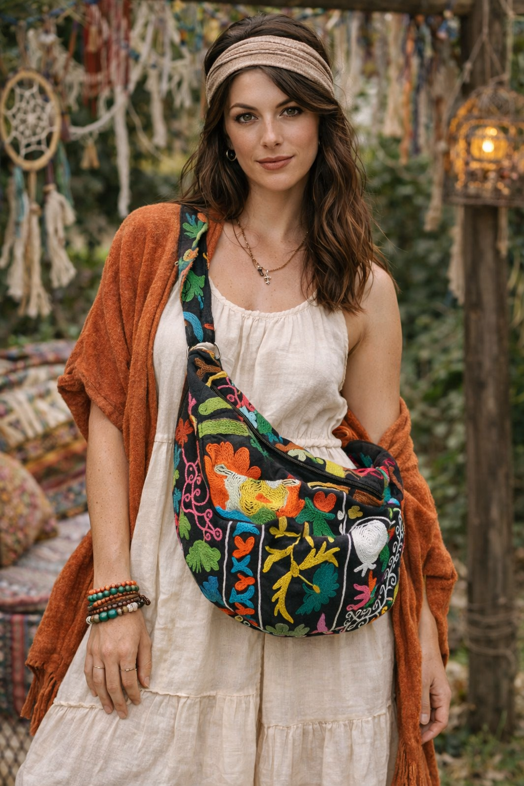 Marsupio DANTE Nero Maxi in Cotone Ricamato Suzani