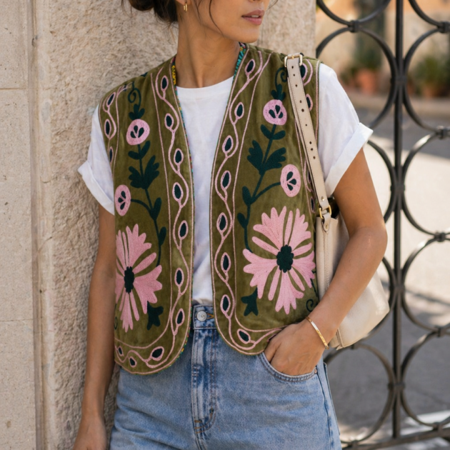Gilet INEZ Suzani Verde Rosa in Velluto Ricamato – Gilet Boho Chic Donna