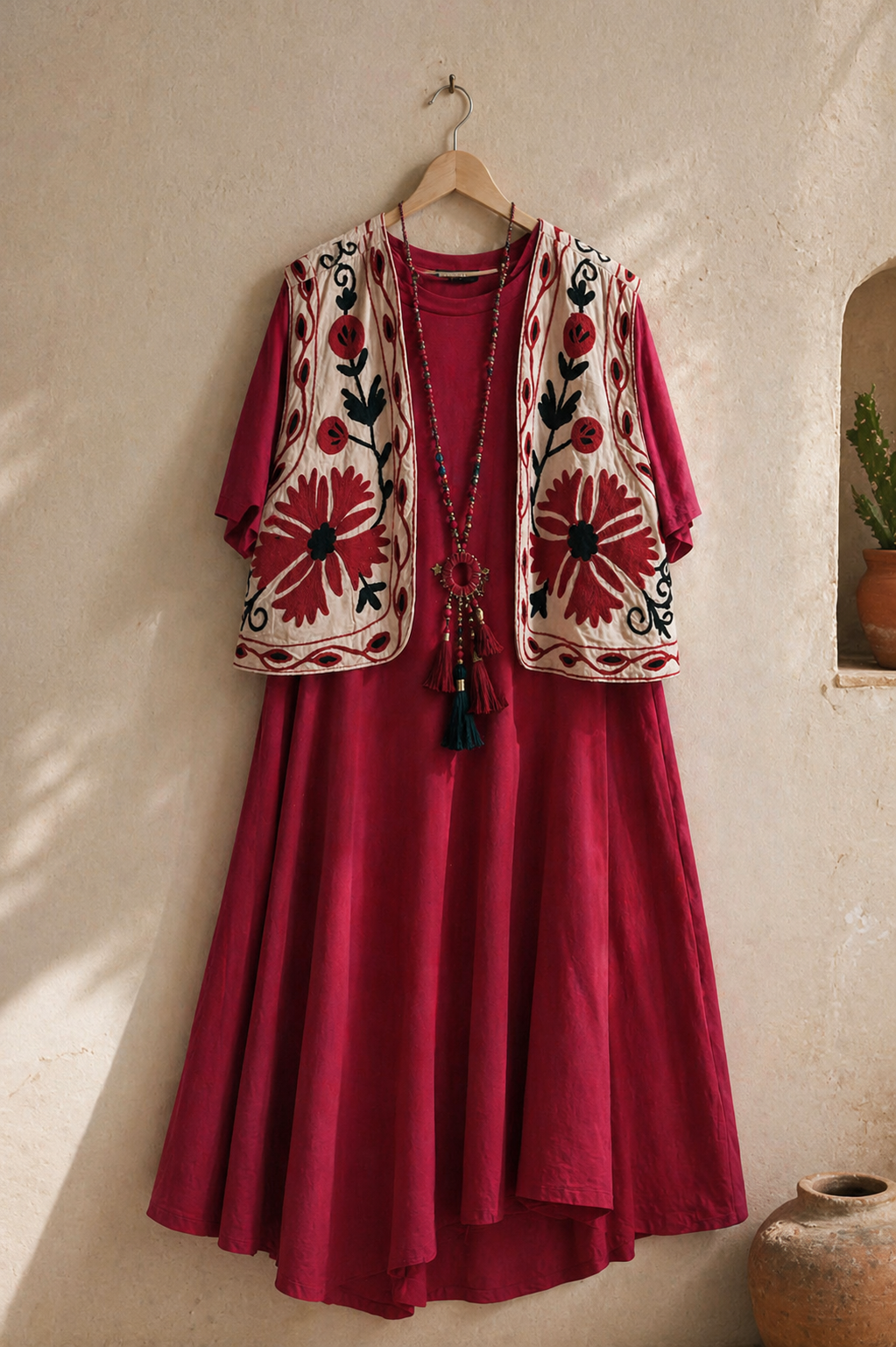 Abito t-shirt in cotone oversize rosso – vestito ampio con tasche stile boho
