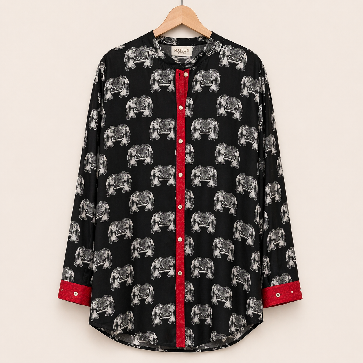 Camicia ARJUN Nera con Elefantini in Crepe