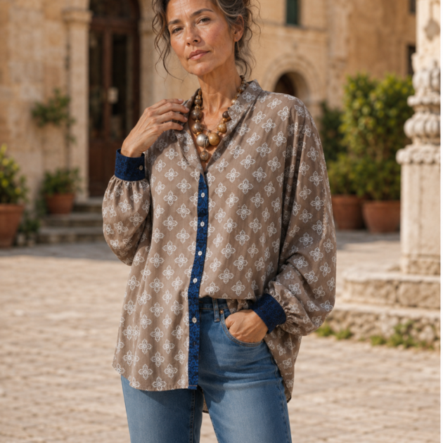 Camicia Arjun Crêpe Beige Disegni Panna