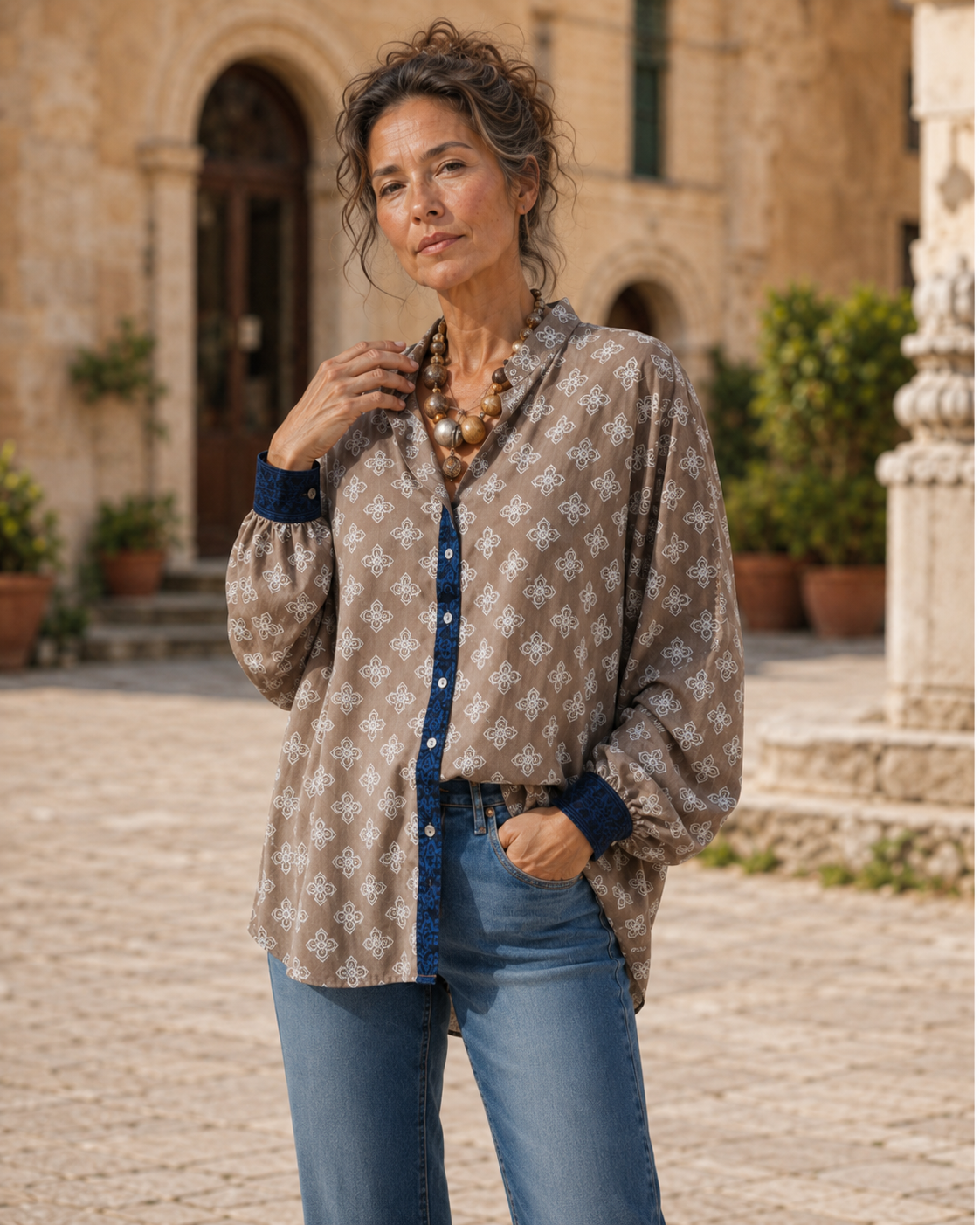 Camicia Arjun Crêpe Beige Disegni Panna