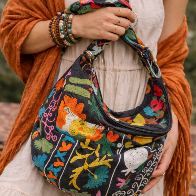 Marsupio DANTE Nero Maxi in Cotone Ricamato Suzani