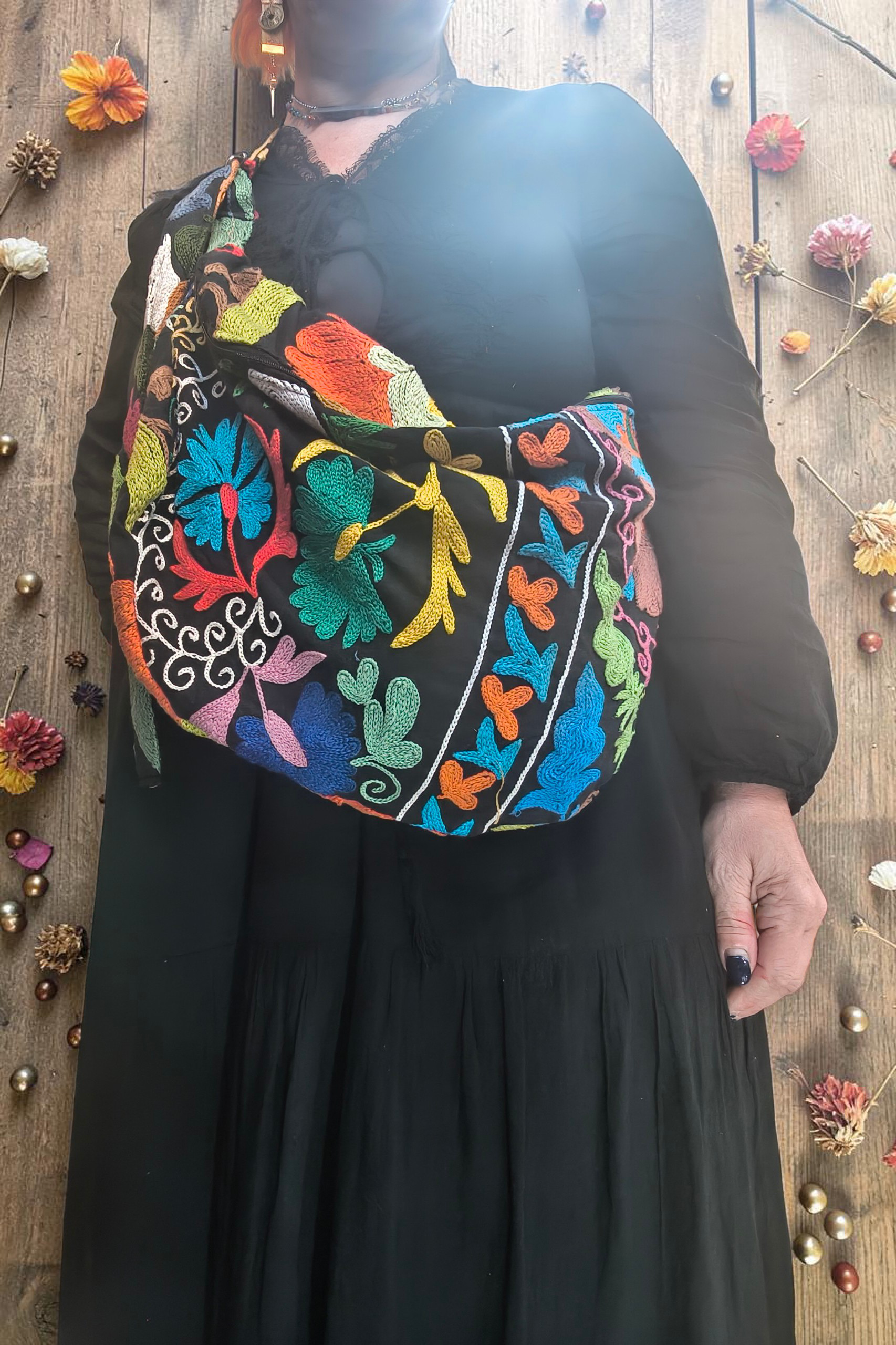 Marsupio DANTE Nero Maxi in Cotone Ricamato Suzani