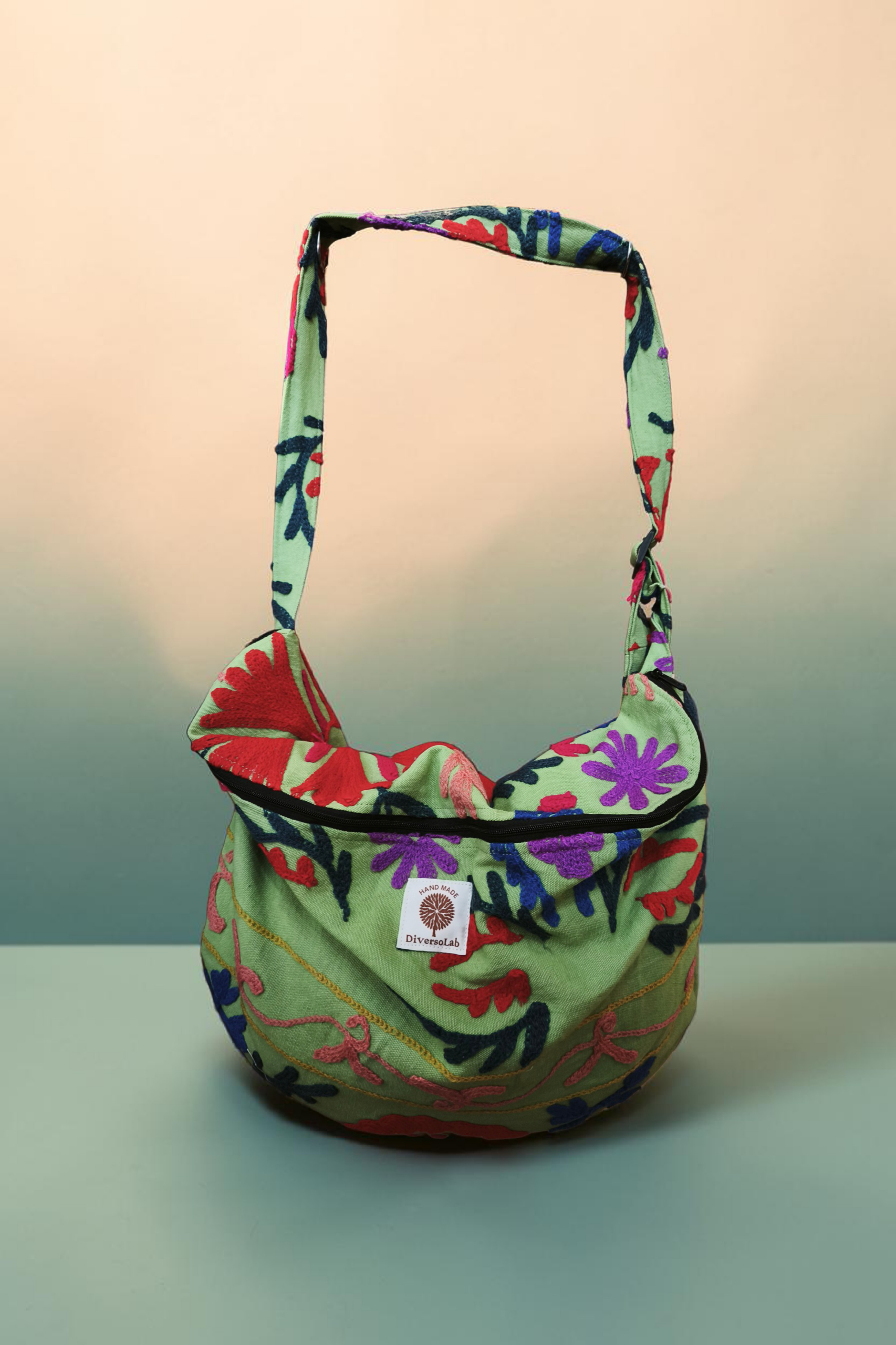 Marsupio DANTE Verde Maxi in Cotone Ricamato Suzani