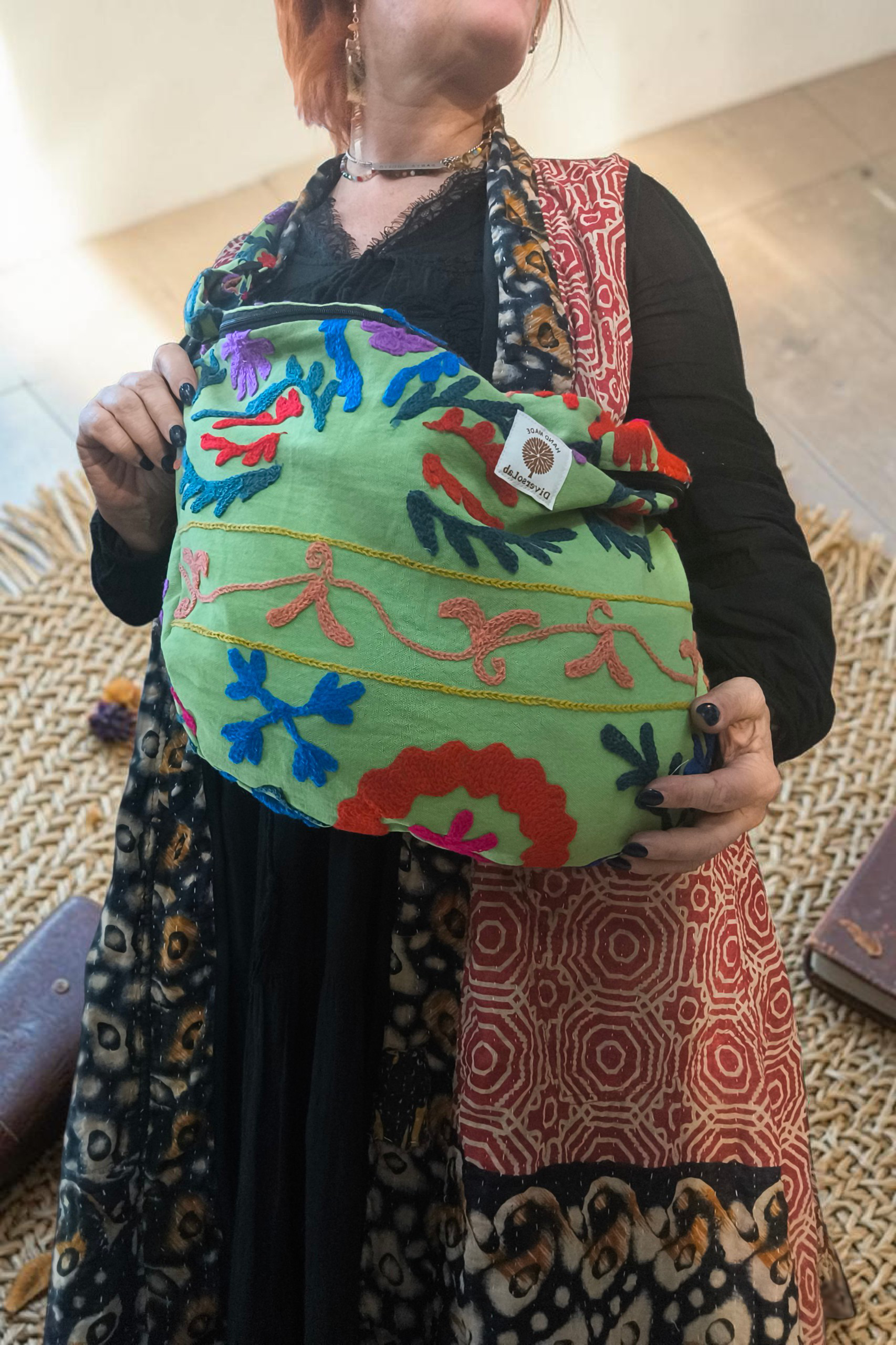 Marsupio DANTE Verde Maxi in Cotone Ricamato Suzani