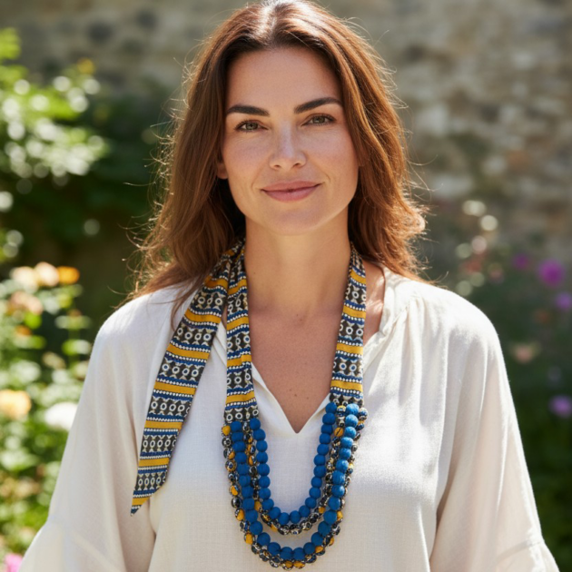 Collana Sari Blu e Senape a Quattro Fili | DiversoLab