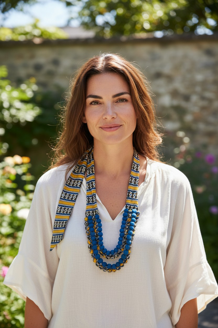 Collana Sari Blu e Senape a Quattro Fili | DiversoLab