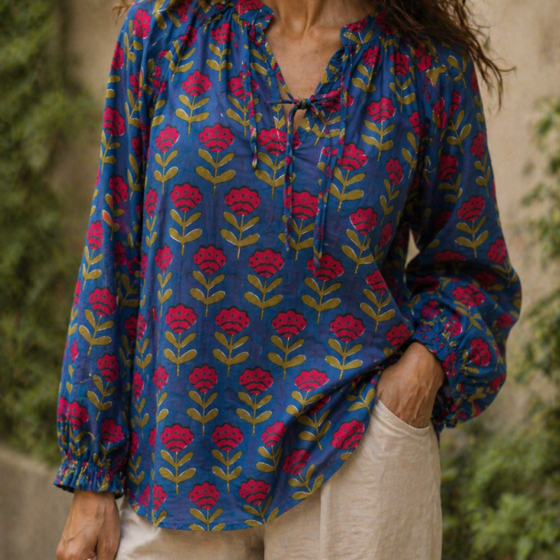 Camicia in Cotone NISHA Fondo blu Block Print Boho Chic