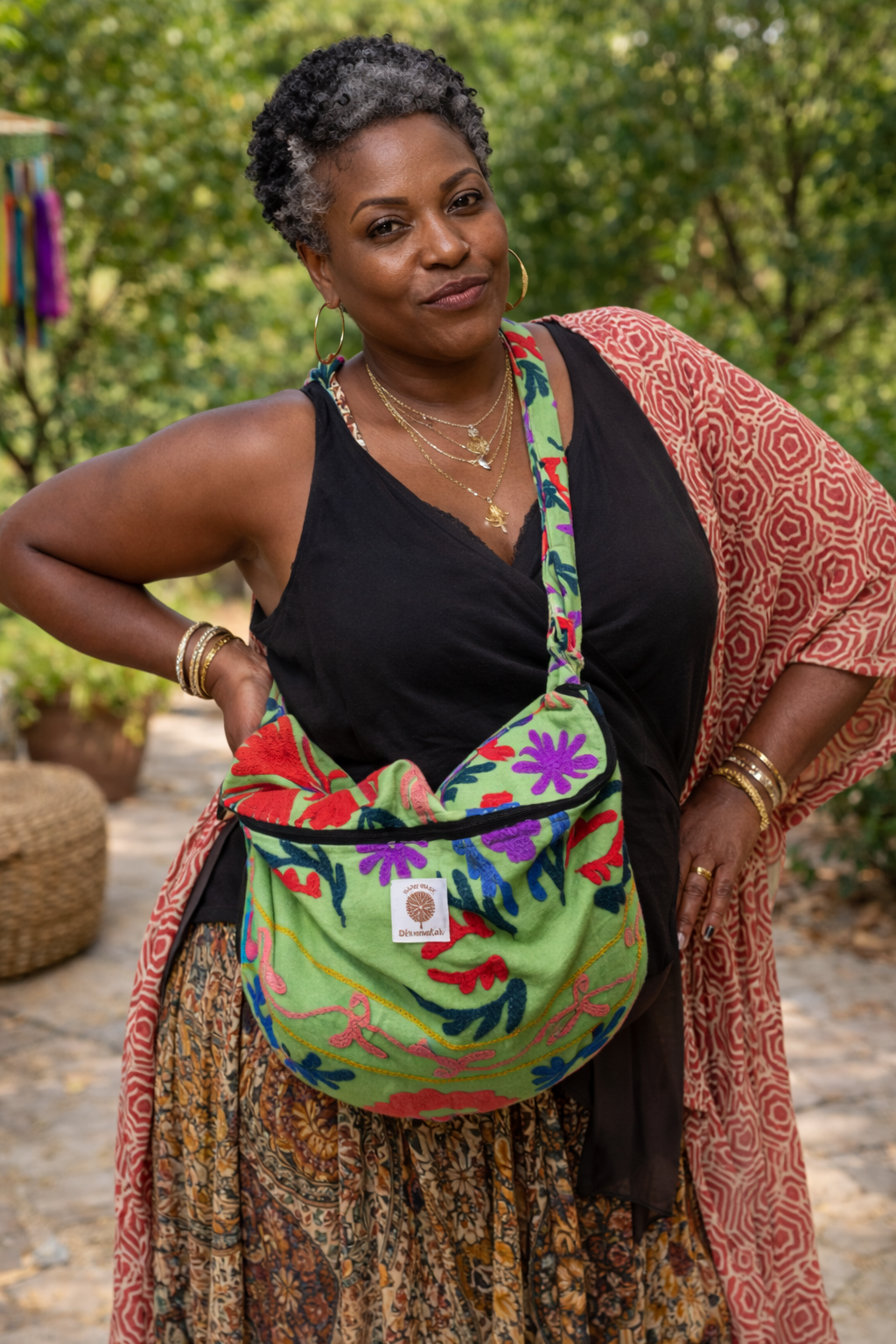 Marsupio DANTE Verde Maxi in Cotone Ricamato Suzani