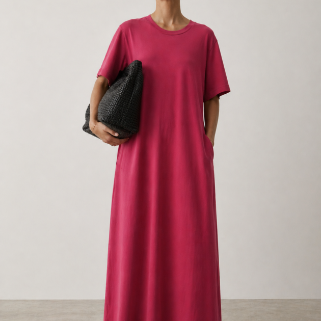 Abito t-shirt in cotone oversize rosso – vestito ampio con tasche stile boho