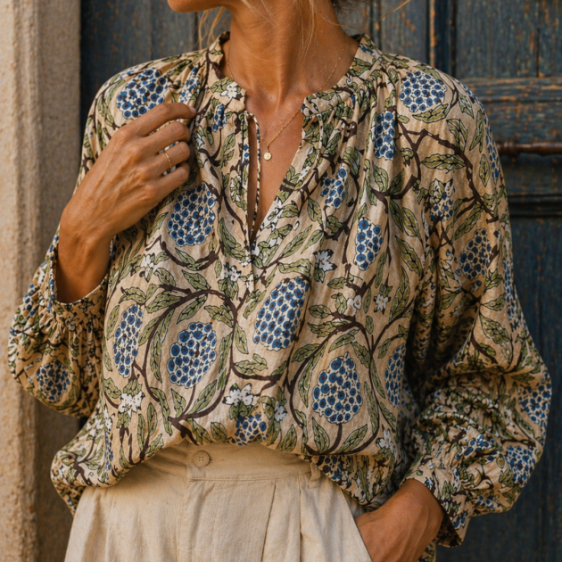 Camicia in cotone beige stampata a mano block print – Nisha boho chic