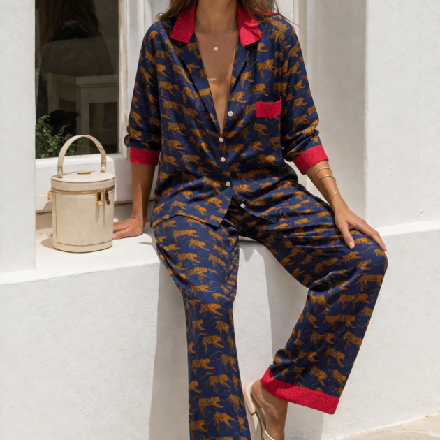 Completo Pigiama in Seta Blu Donna – Pantaloni e Camicia Elegante