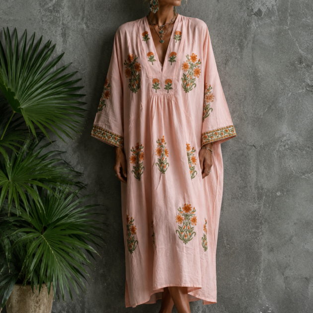 Abito Kamal Cotone Block Print Salmone | DiversoLab