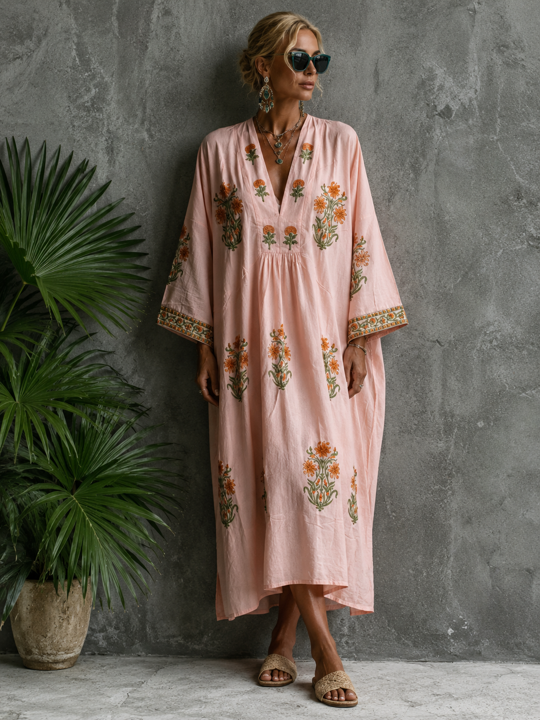 Abito Kamal Cotone Block Print Salmone | DiversoLab