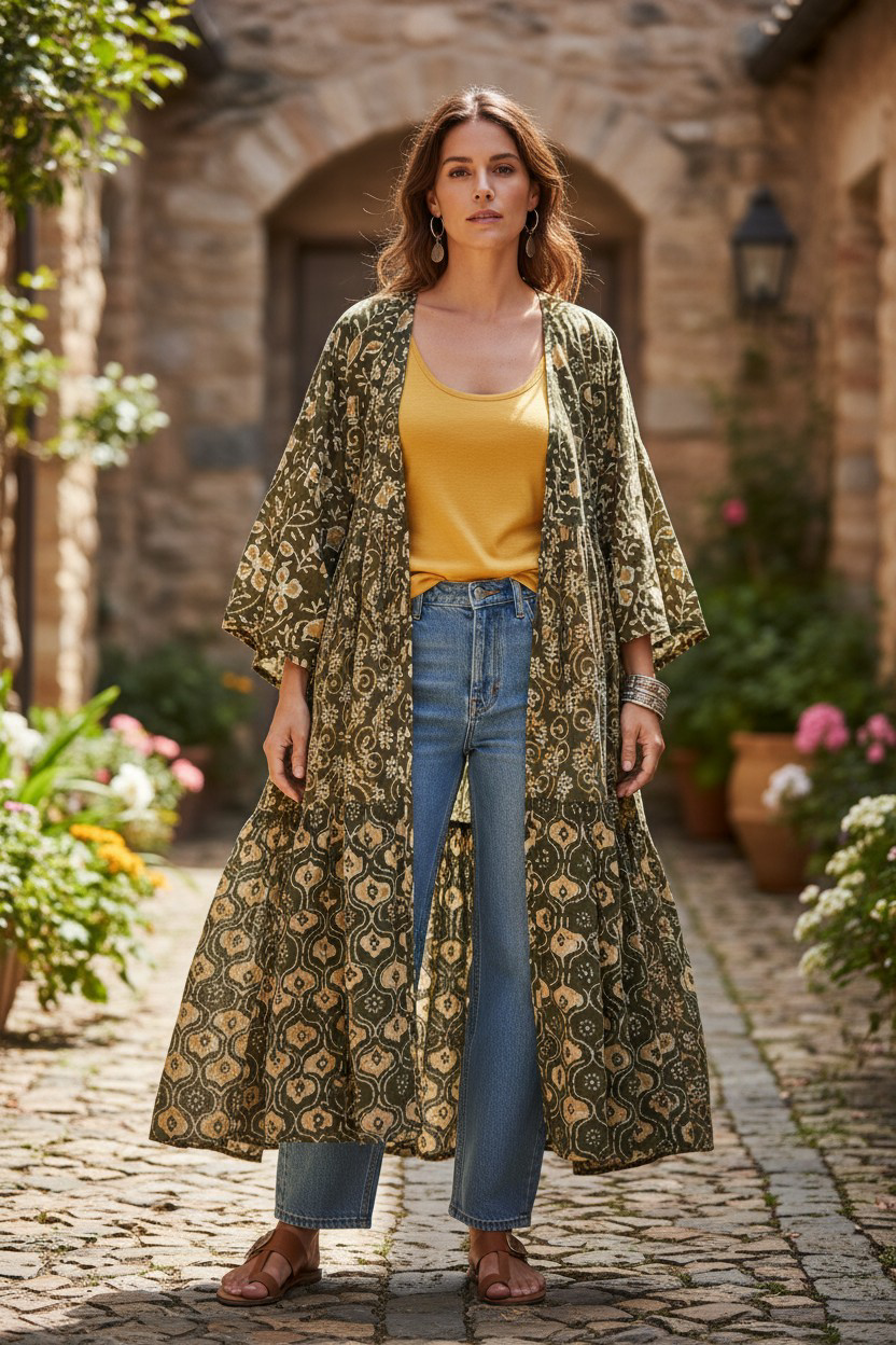 Completo Ritu Cotone Oliva Block Print - immagine 3