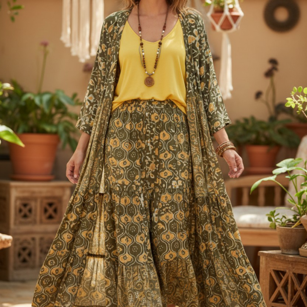 Completo Ritu Cotone Oliva Block Print