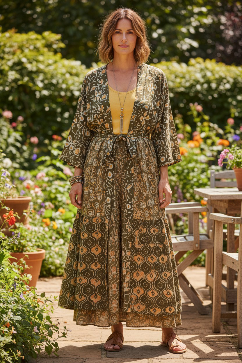 Completo Ritu Cotone Oliva Block Print - immagine 2