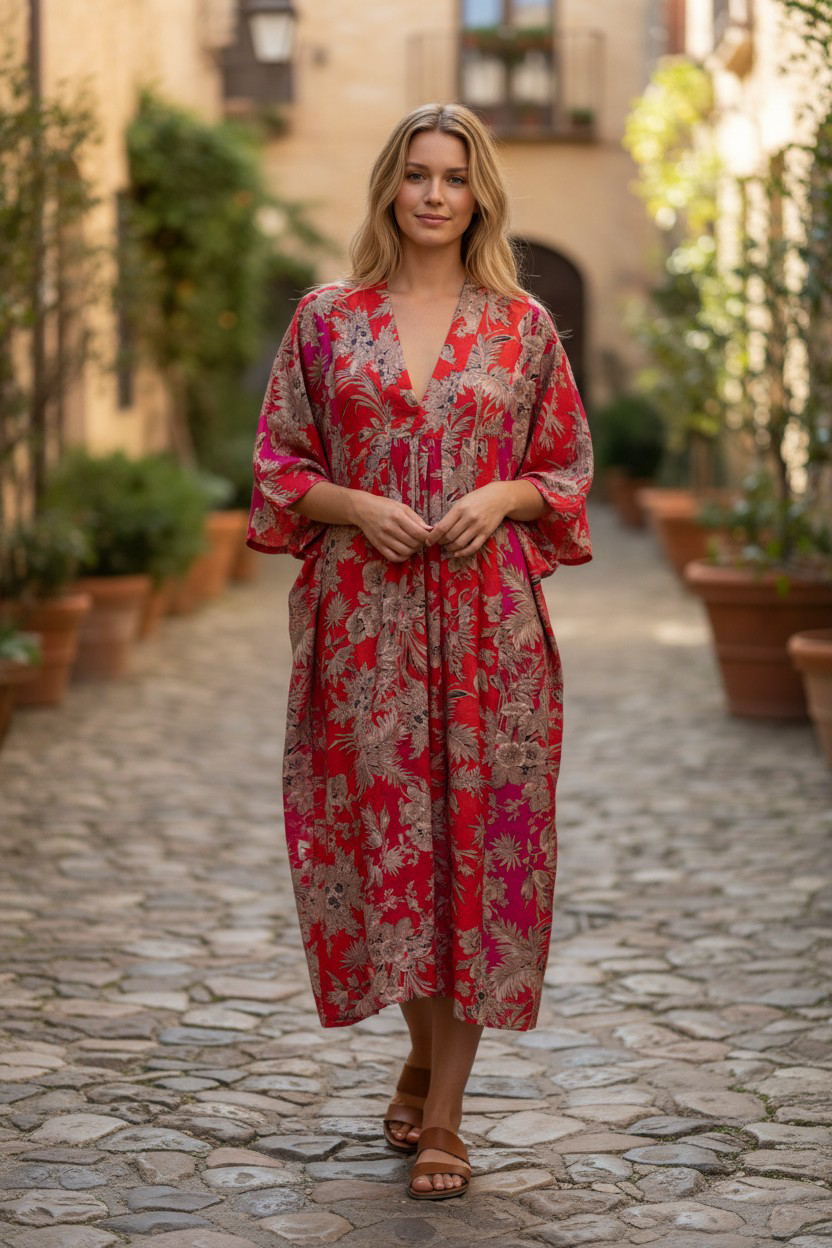 Abito Kamal Cotone Block Print Arancio Rosso Fucsia - immagine 4