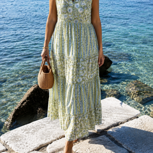 Abito Lea Verde Acqua e Giallo Boho | DiversoLab