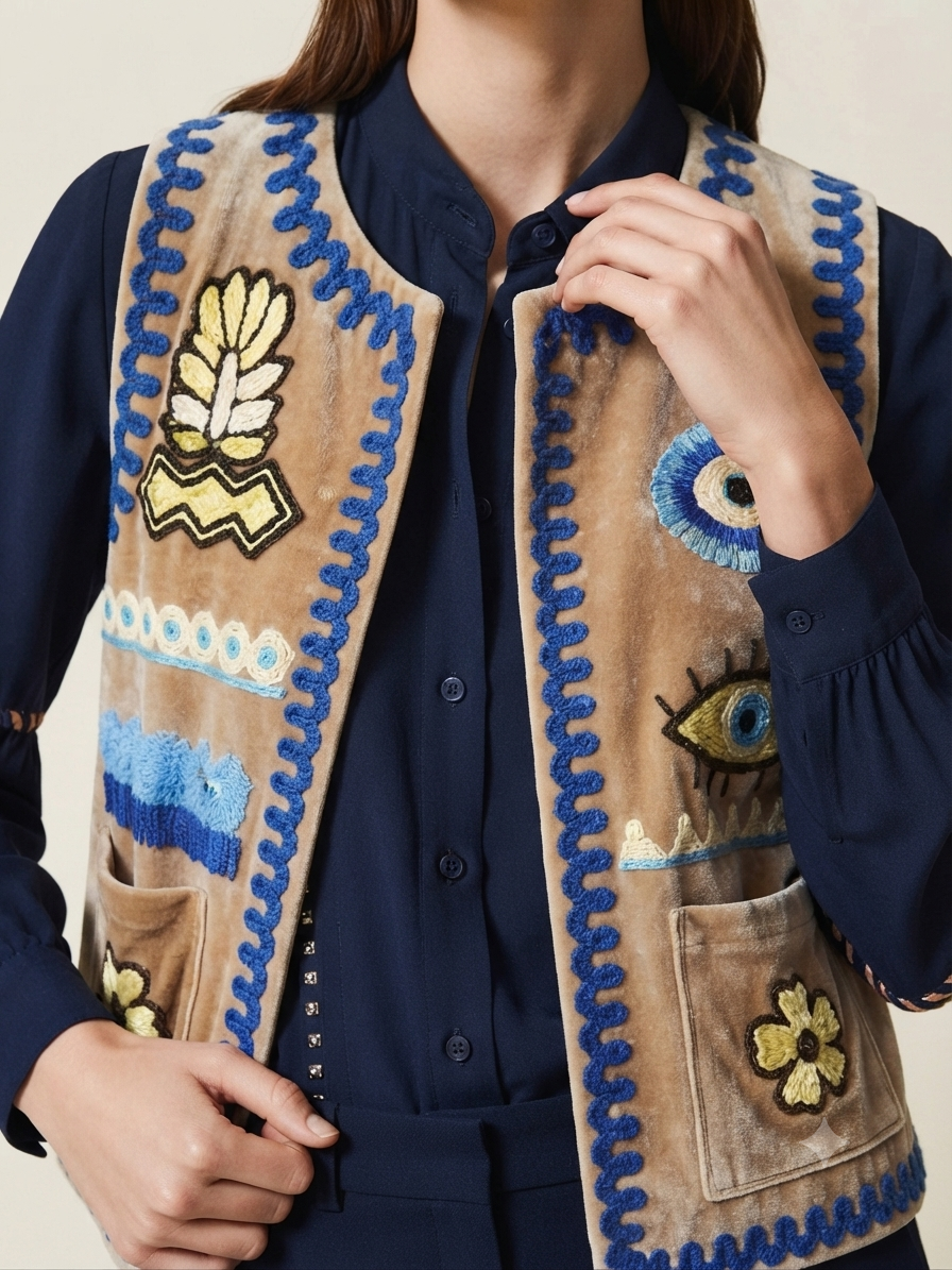Gilet Velluto Liscio Beige con Ricami