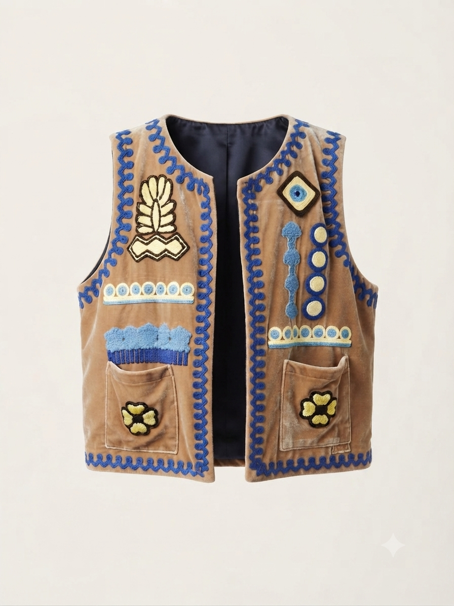 Gilet Velluto Liscio Beige con Ricami