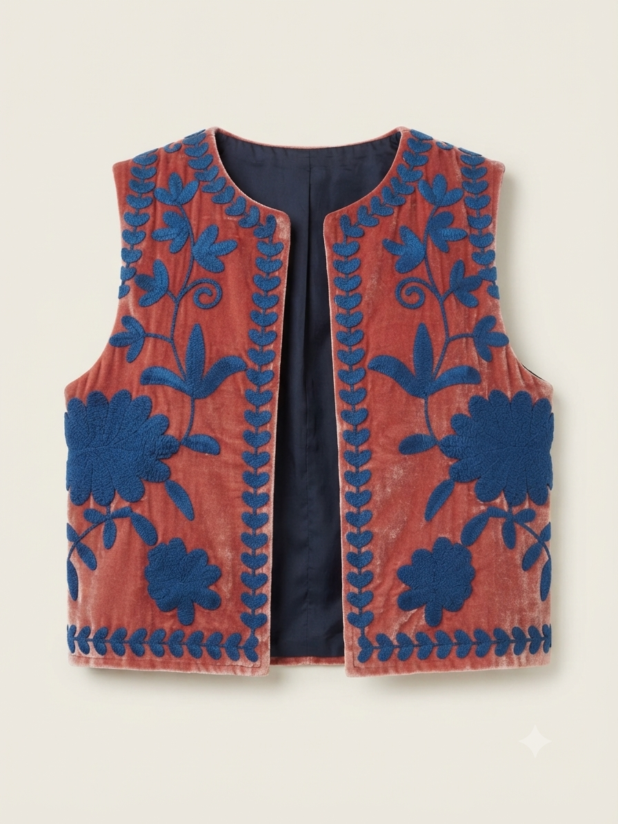 Gilet Velluto Liscio Rosa con Ricami