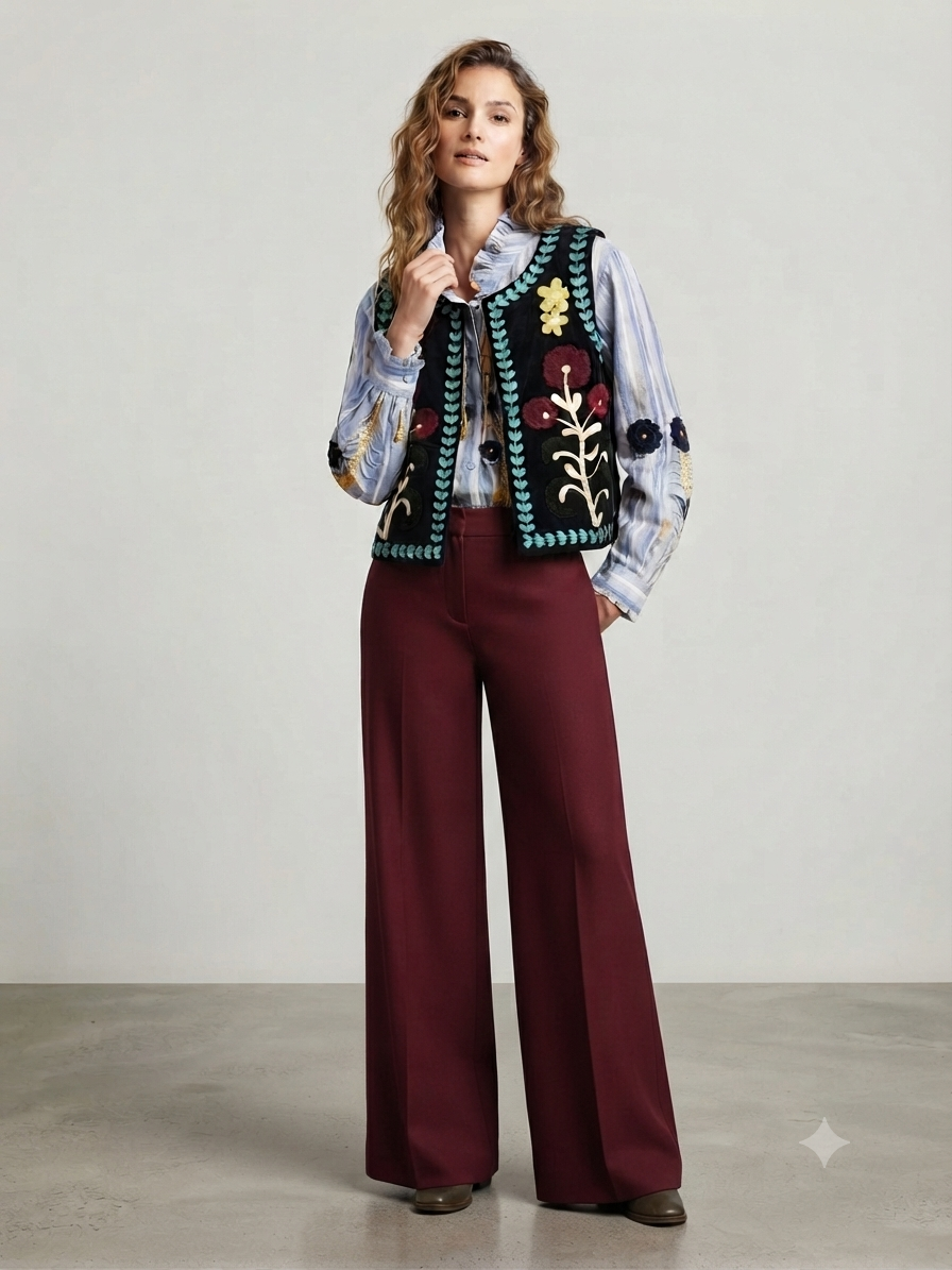 Gilet Velluto Millerighe Blu con Ricami - immagine 2