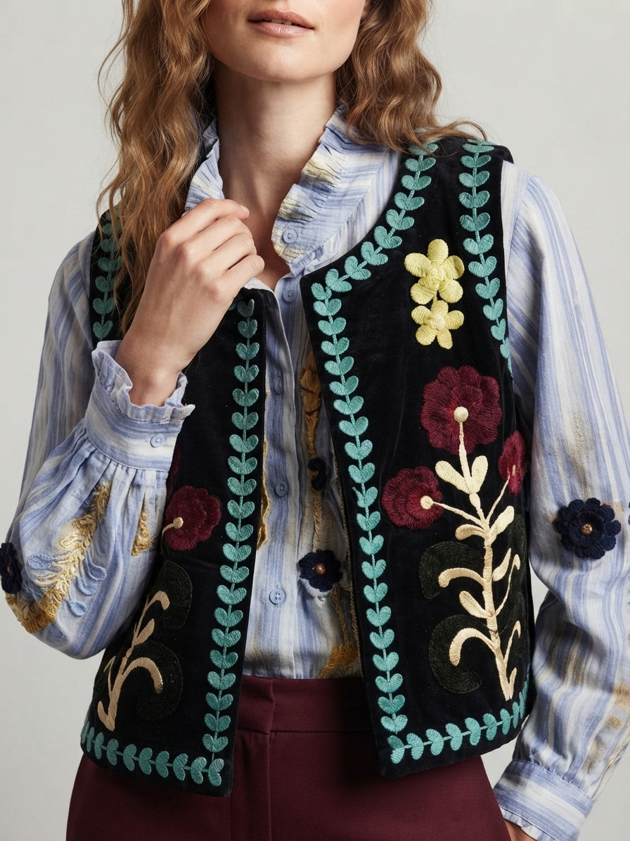 Gilet Velluto Millerighe Blu con Ricami