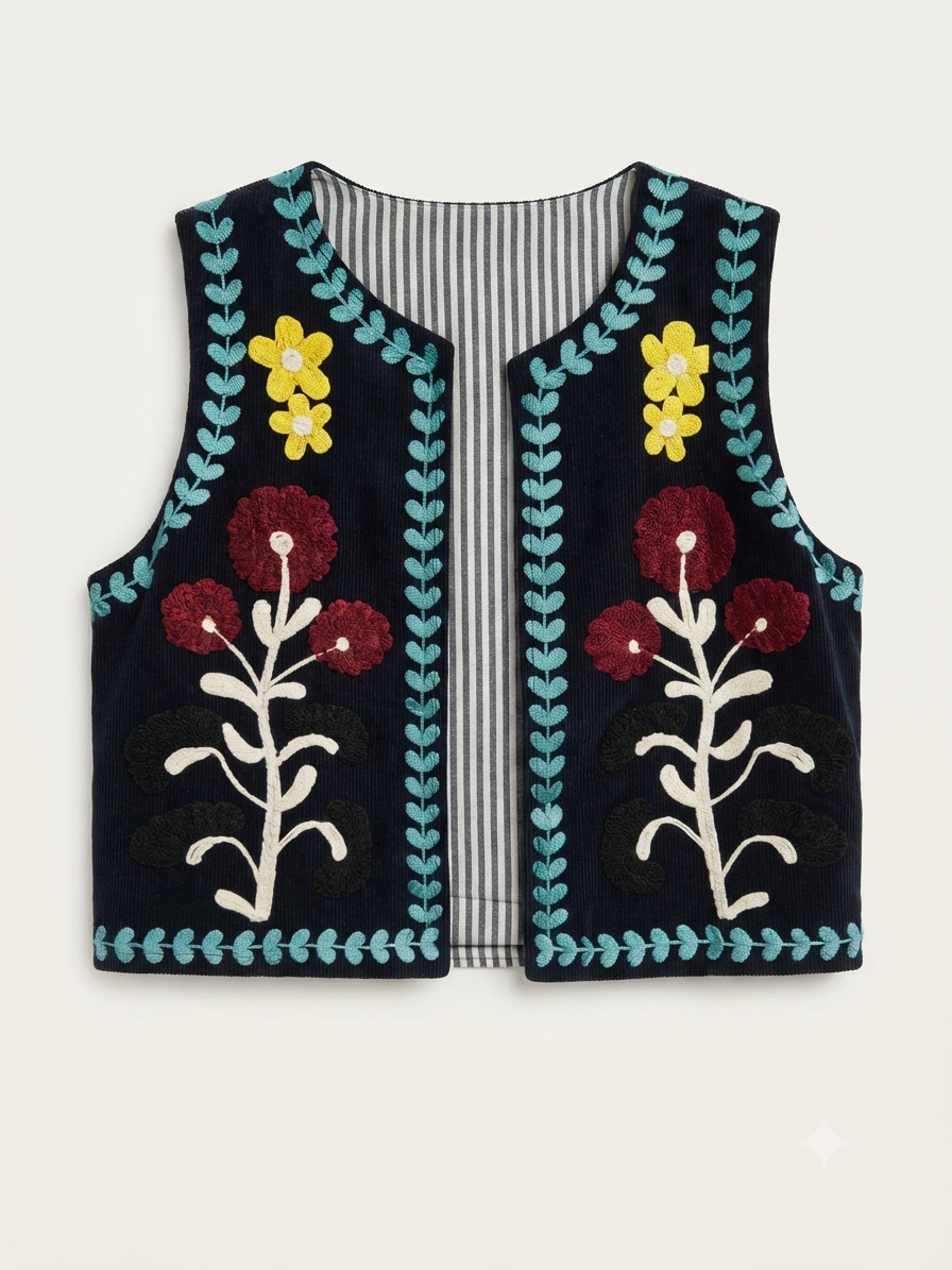 Gilet Velluto Millerighe Blu con Ricami - immagine 3