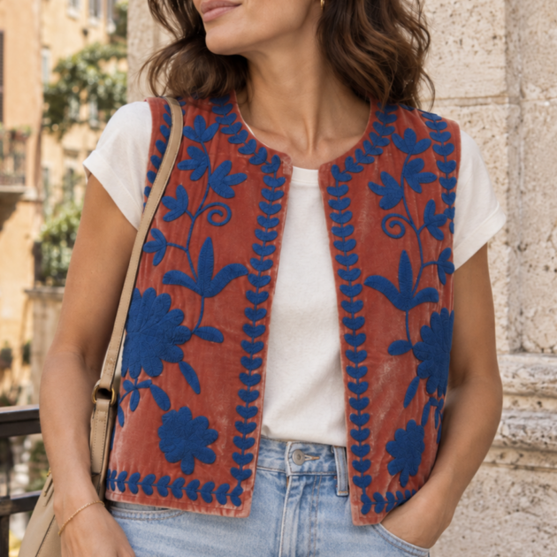 Gilet Velluto Liscio Rosa con Ricami